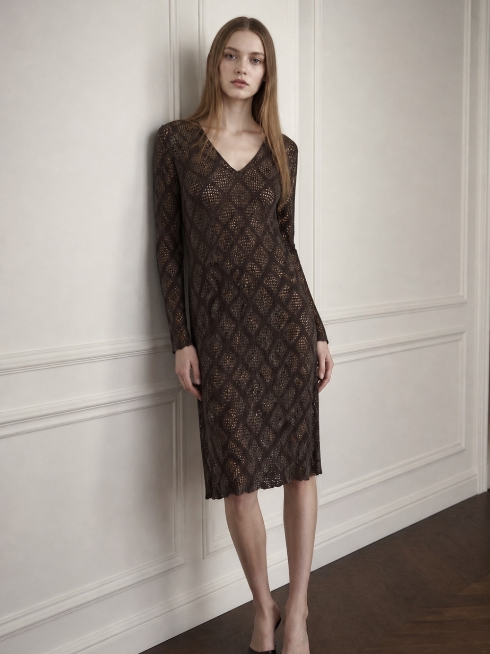 Carole Little Vintage Long Sleeve Brown V-Neck Knit Midi Dress Women's Size 12